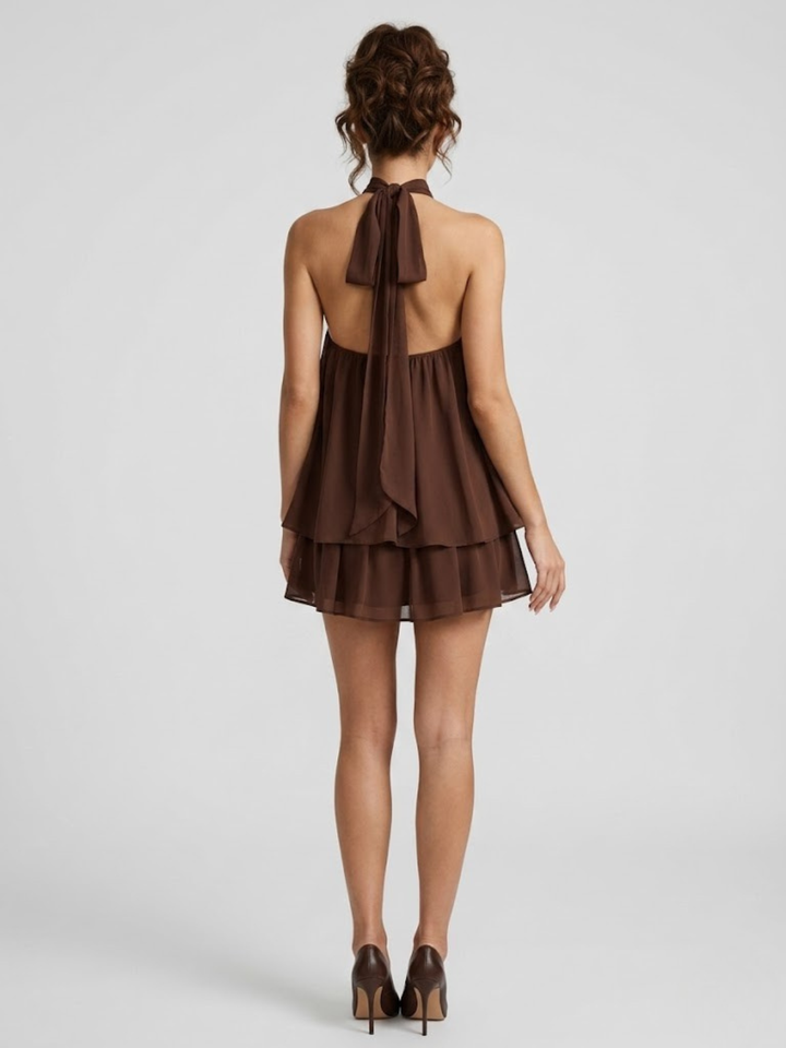 Robe courte pour femme avec col haut américain, dos nu et volants à fronces