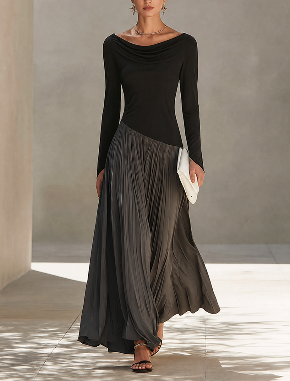 Women's Minimalist Two Tone Color Block Maxi Dress With Drape Neckline, Lily & Sam, image 1