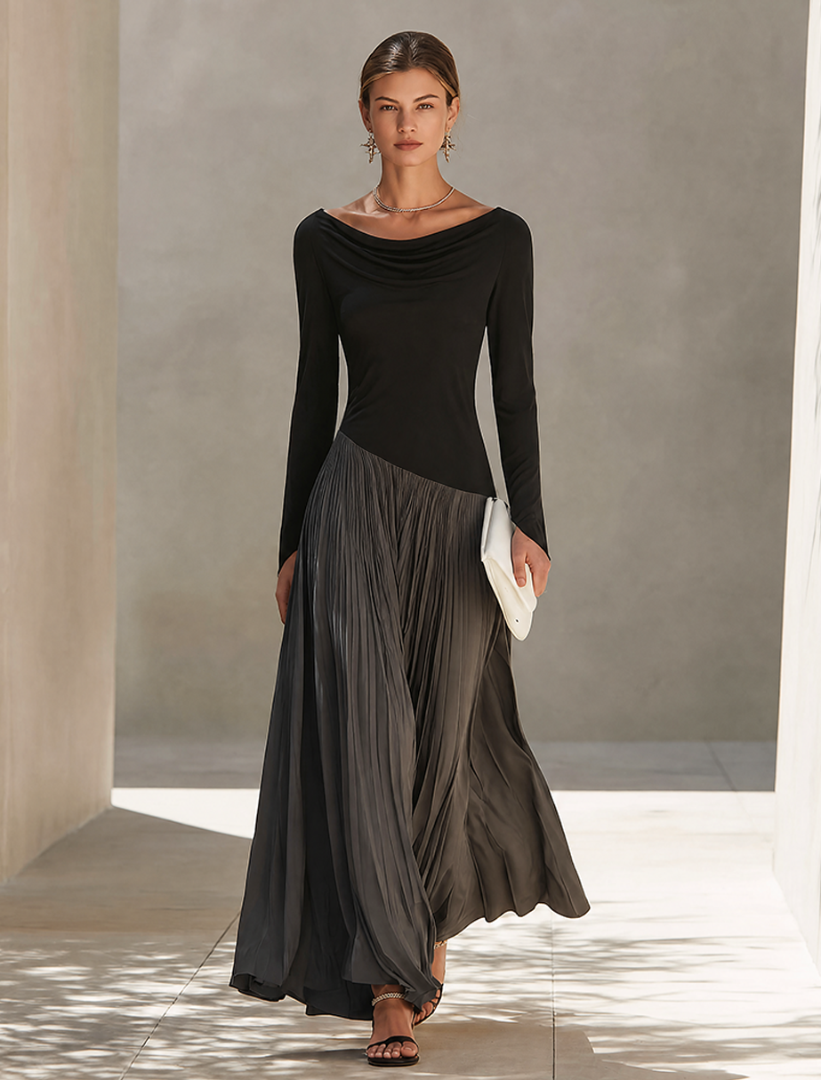 Women's Minimalist Two Tone Color Block Maxi Dress With Drape Neckline, Lily & Sam, image 4