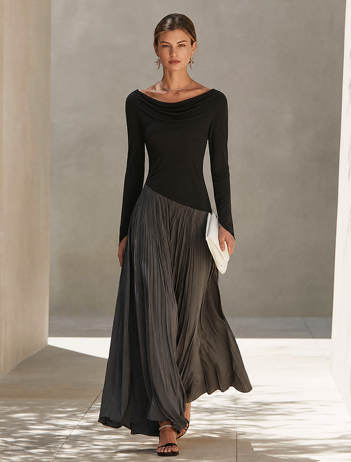 Women's Minimalist Two Tone Color Block Maxi Dress With Drape Neckline, Lily & Sam, image 4