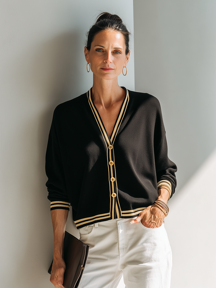 Women's Color Contrast Striped V Neck Cropped Knit Cardigan, Lily & Sam, image 3