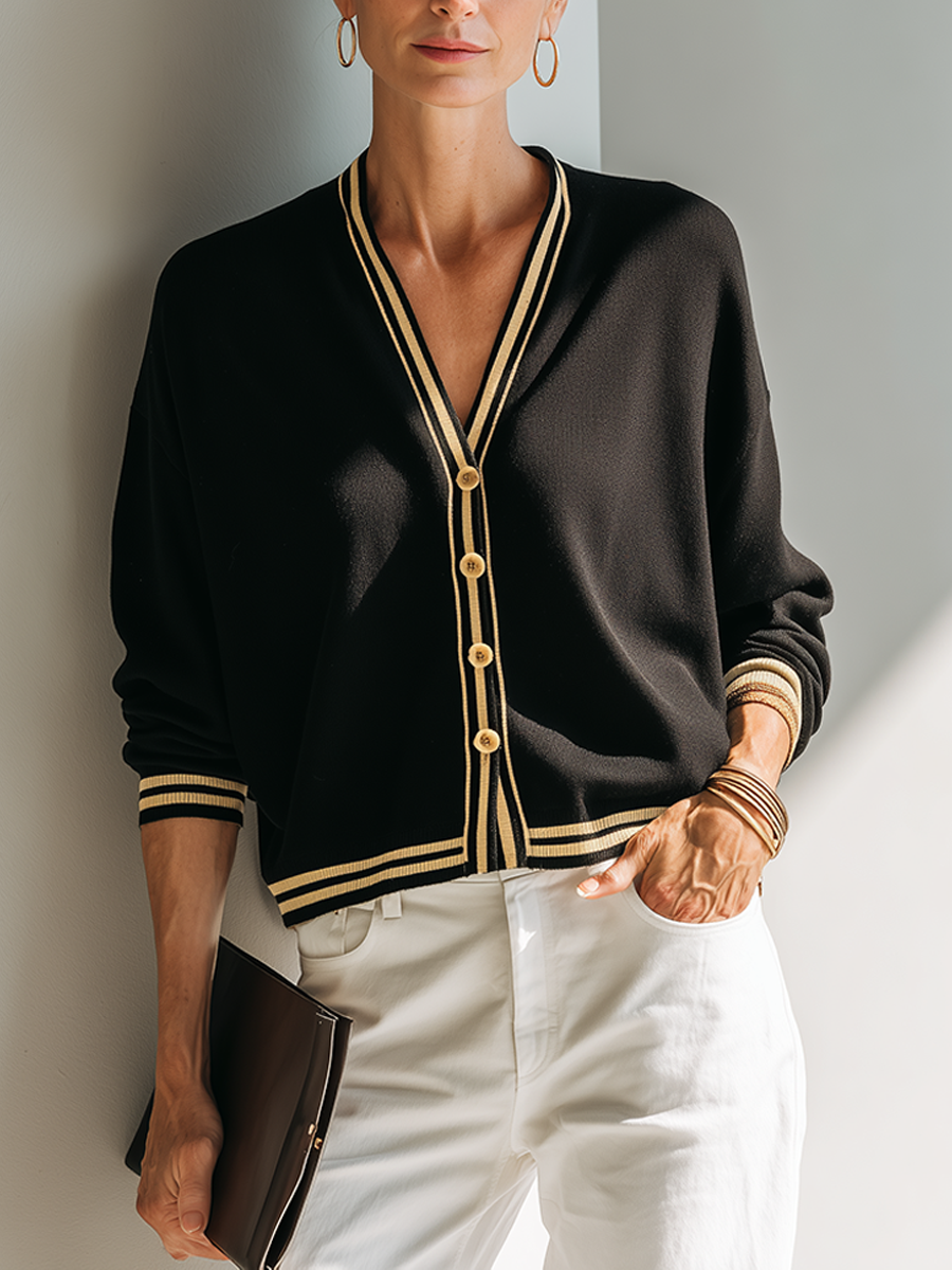 Women's Color Contrast Striped V Neck Cropped Knit Cardigan, Lily & Sam, image 1