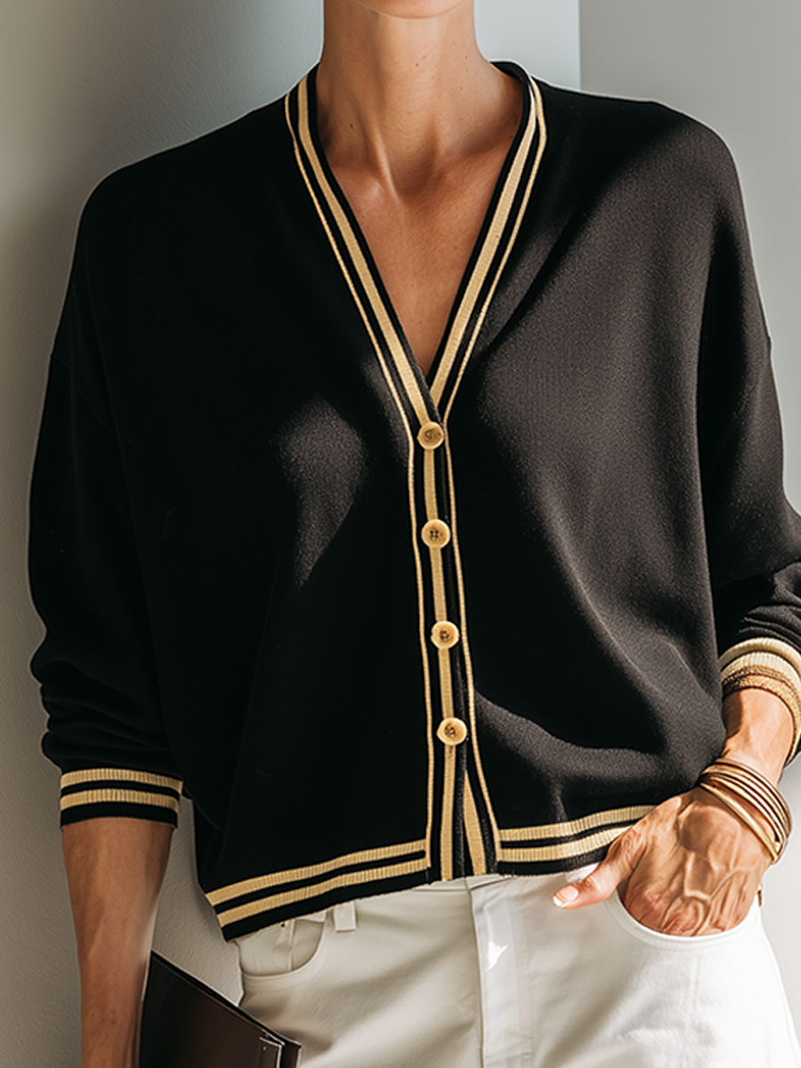 Women's Color Contrast Striped V Neck Cropped Knit Cardigan, Lily & Sam, image 4