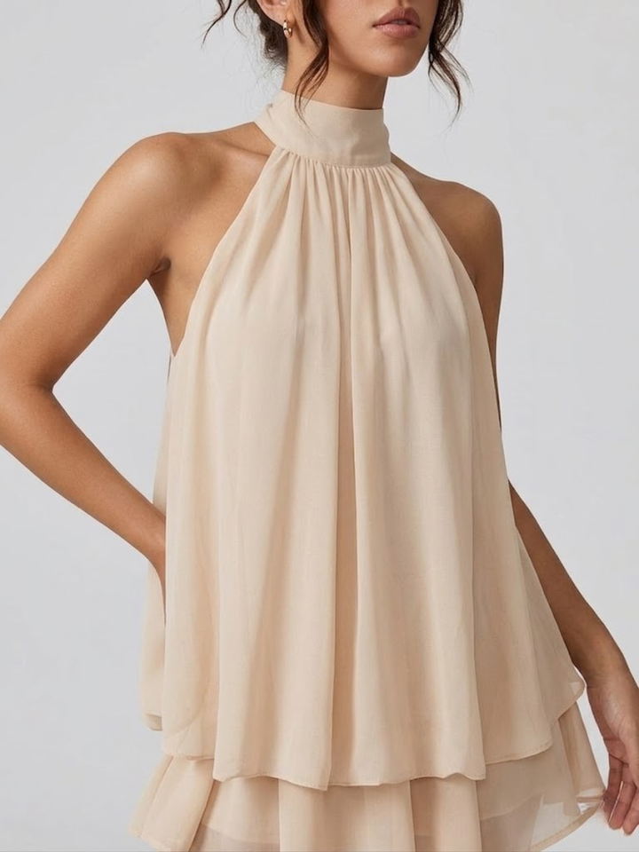 Robe courte pour femme avec col haut américain, dos nu et volants à fronces