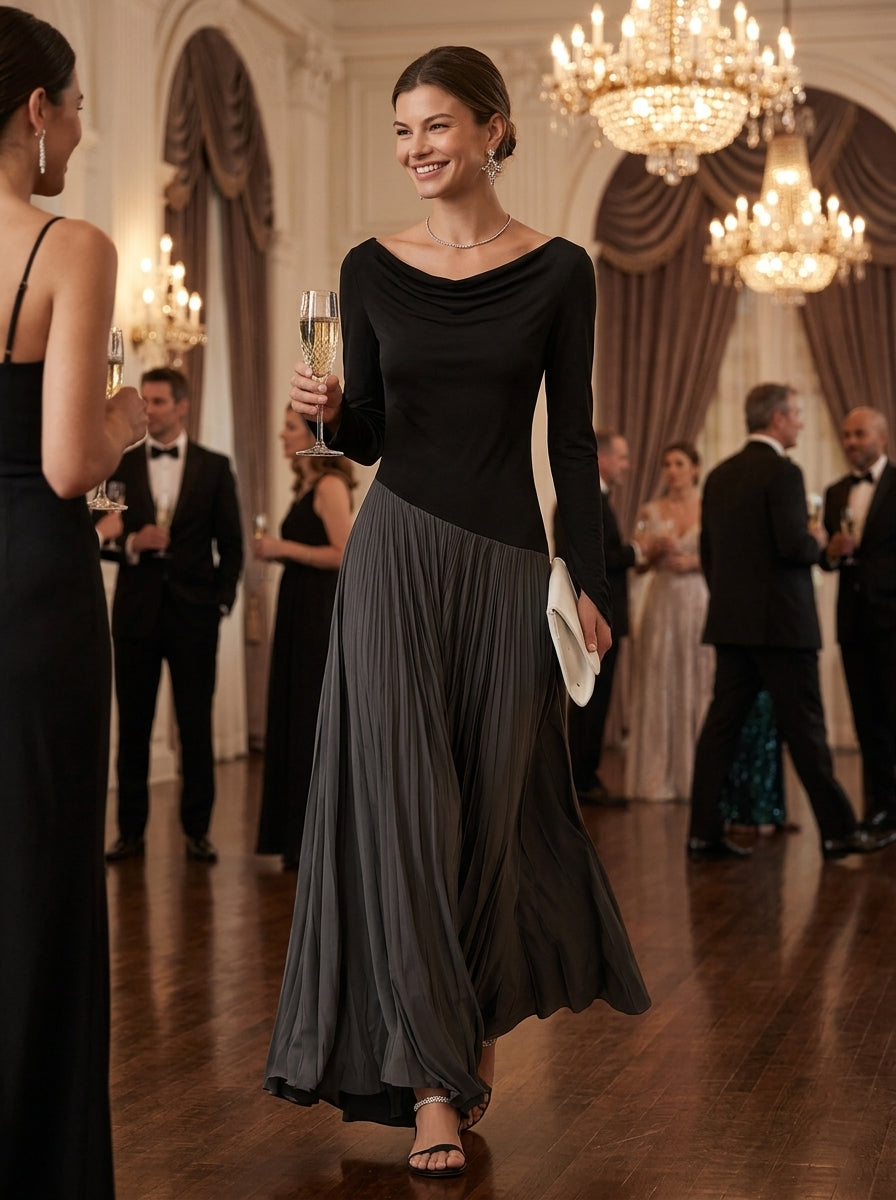 Women's Minimalist Two Tone Color Block Maxi Dress With Drape Neckline, Lily & Sam, image 2
