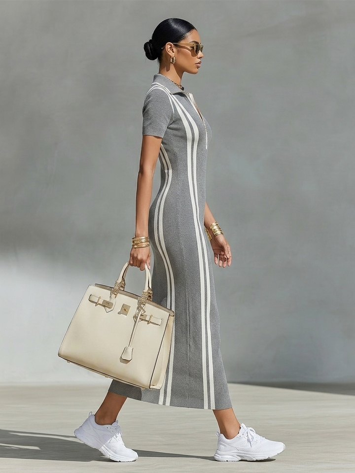 Women's Grey Stretchy Knit Zip Polo Collar & Vertical Side Stripes Maxi Dress, Lily & Sam, image 6