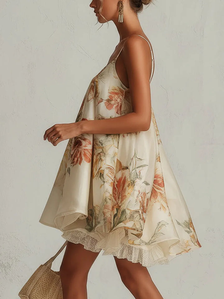 Beige floral organza A line mini dress with lace trim, Lily & Sam, image 3