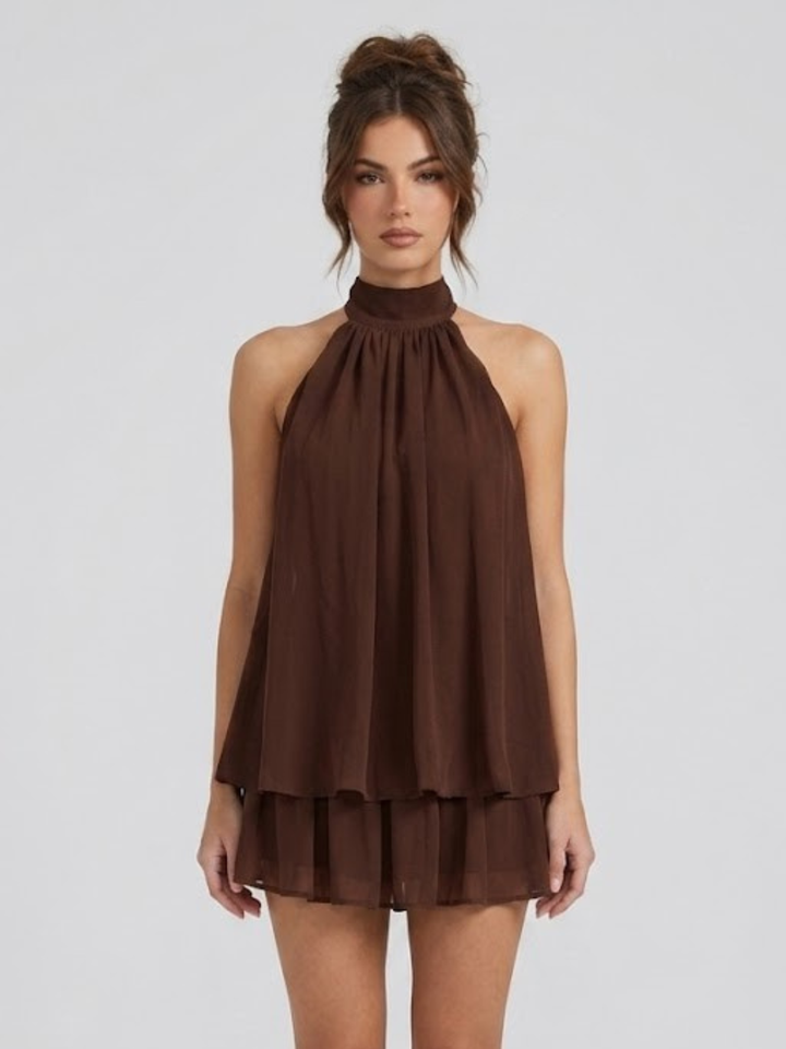Robe courte pour femme avec col haut américain, dos nu et volants à fronces