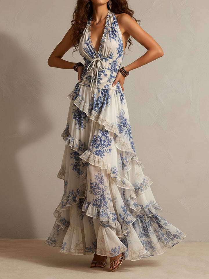 Romantic Vacation Blue And White Floral Print Halter Neck Ruffled Maxi Dress, Lily & Sam, image 4