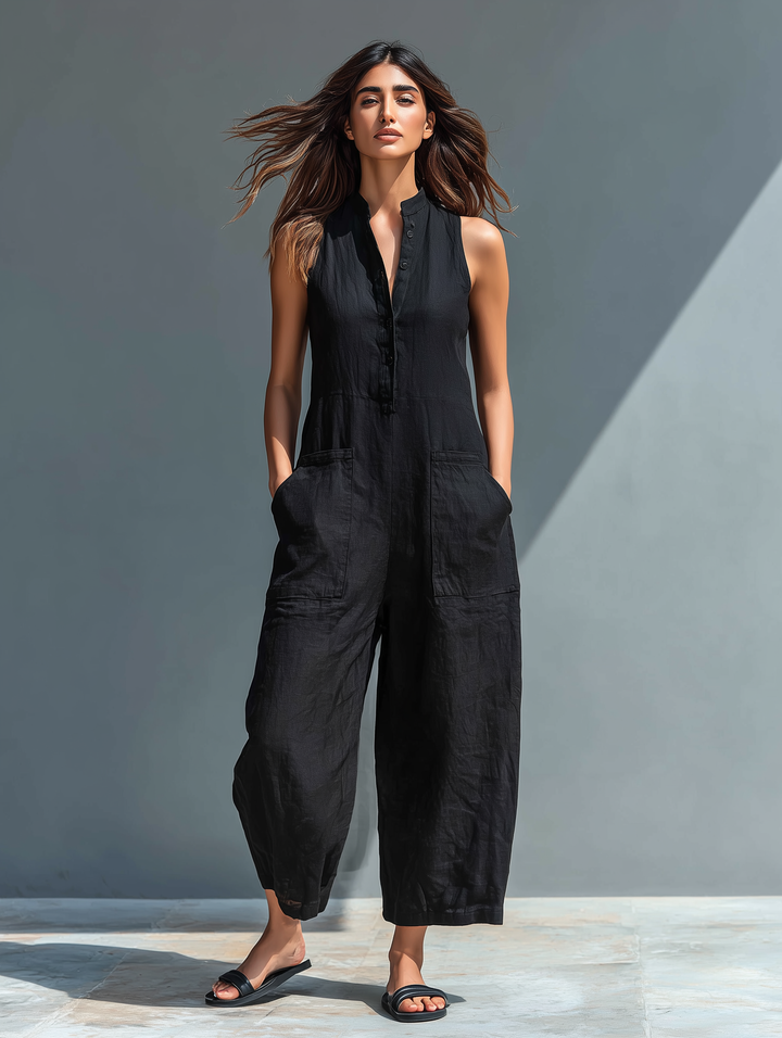 Sleeveless Minimalist Jumpsuit for Women with High Collar and Buttons, Lily & Sam, image 5