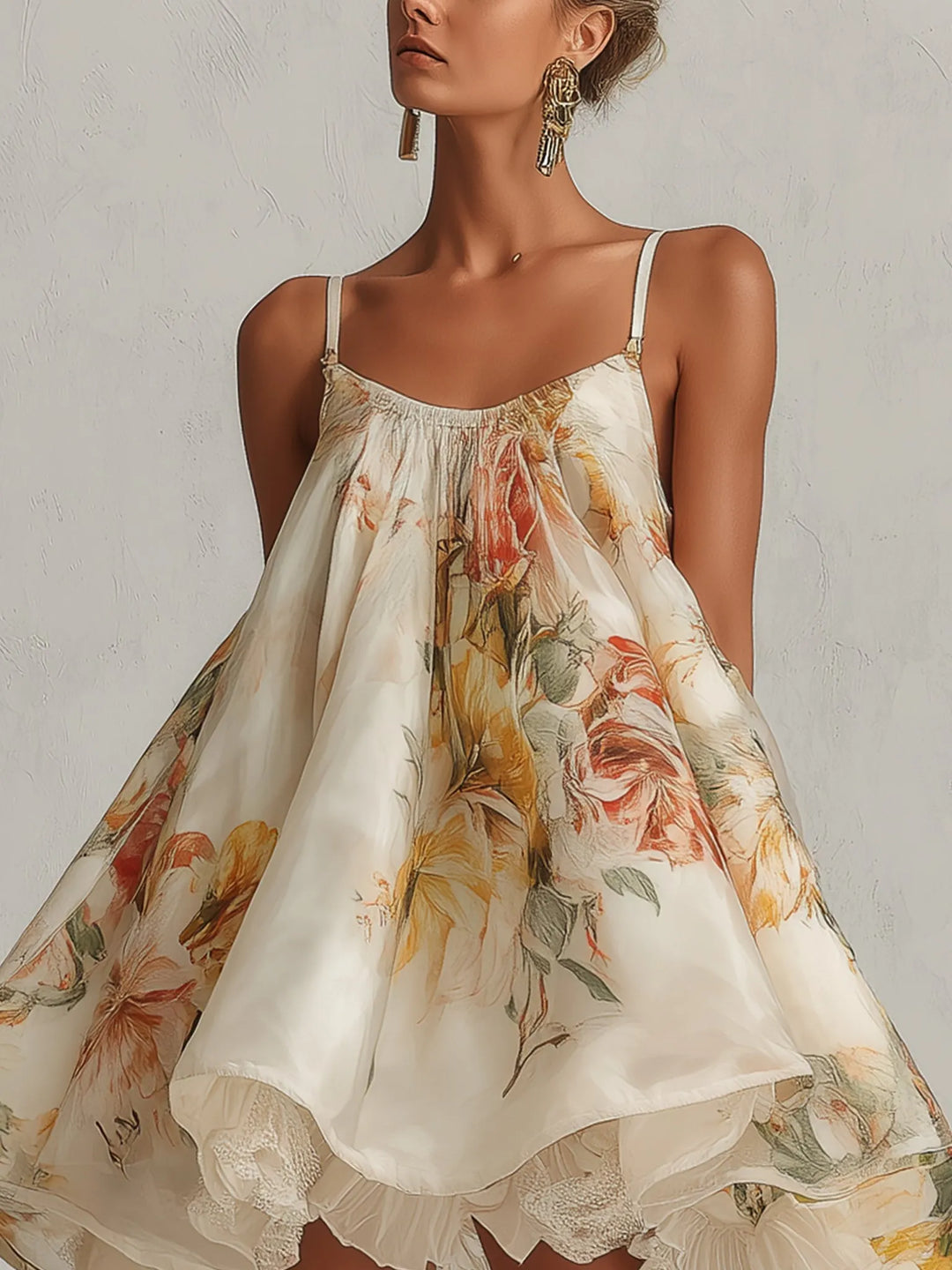 Beige floral organza A line mini dress with lace trim, Lily & Sam, image 4