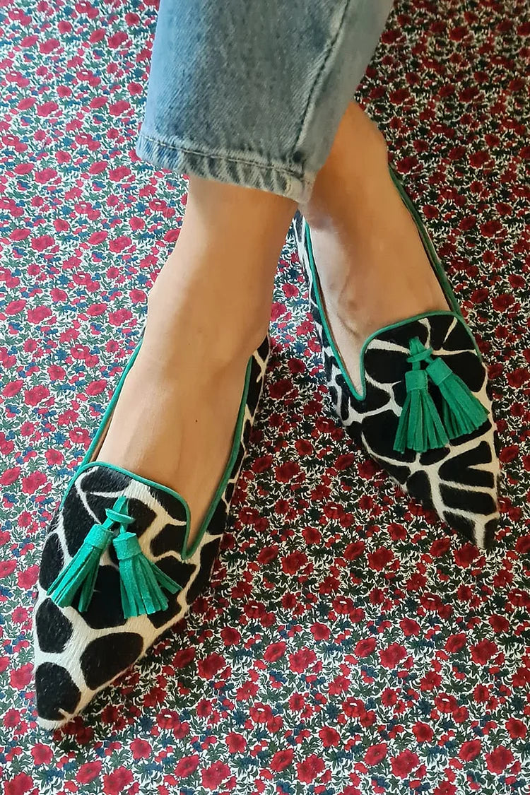 Pointed Loafer With Giraffe Print And Green Fringes, Lily & Sam, image 1