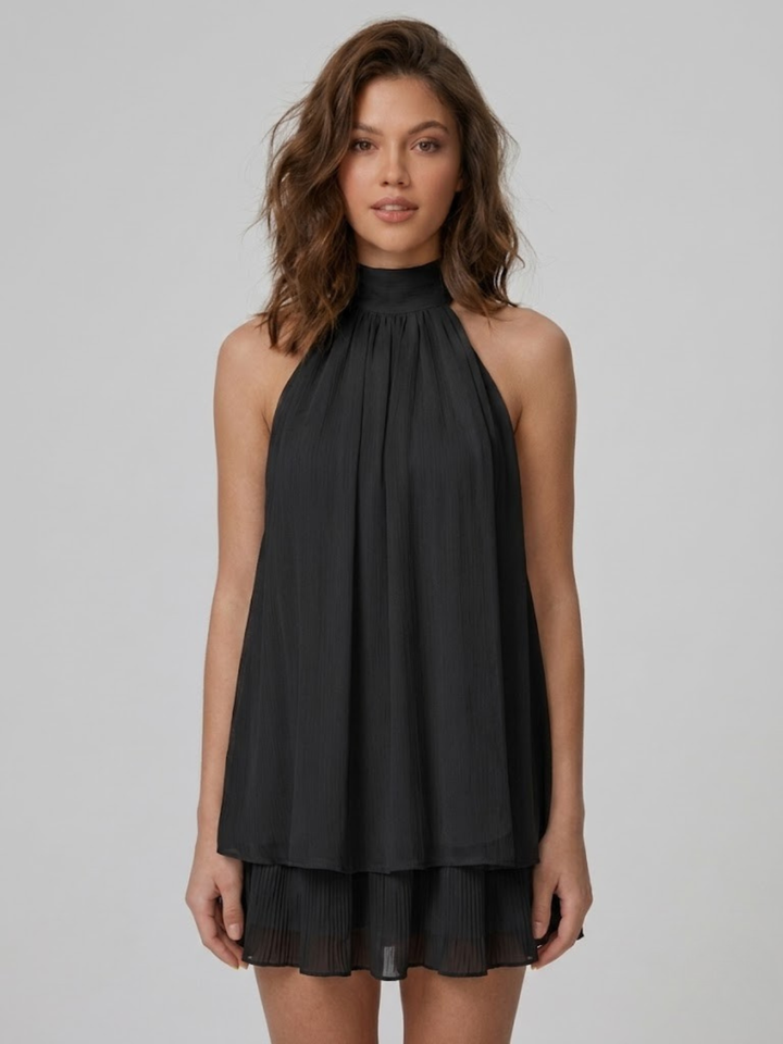 Robe courte pour femme avec col haut américain, dos nu et volants à fronces