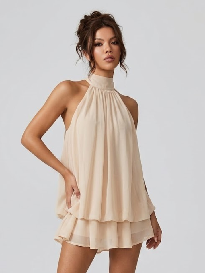 Robe courte pour femme avec col haut américain, dos nu et volants à fronces