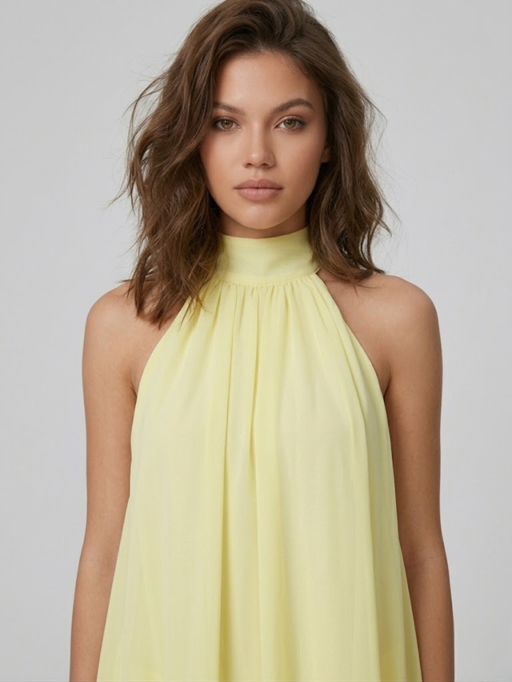 Robe courte pour femme avec col haut américain, dos nu et volants à fronces