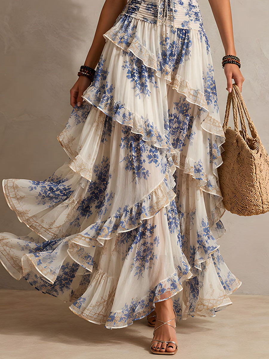 Romantic Vacation Blue And White Floral Print Halter Neck Ruffled Maxi Dress, Lily & Sam, image 1