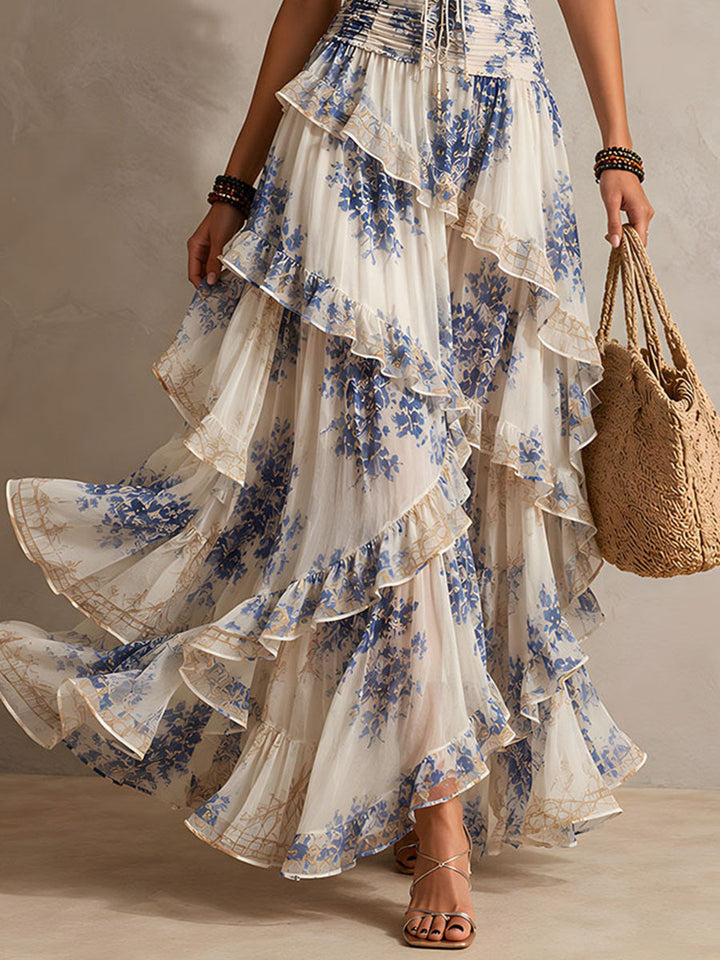 Romantic Vacation Blue And White Floral Print Halter Neck Ruffled Maxi Dress, Lily & Sam, image 1