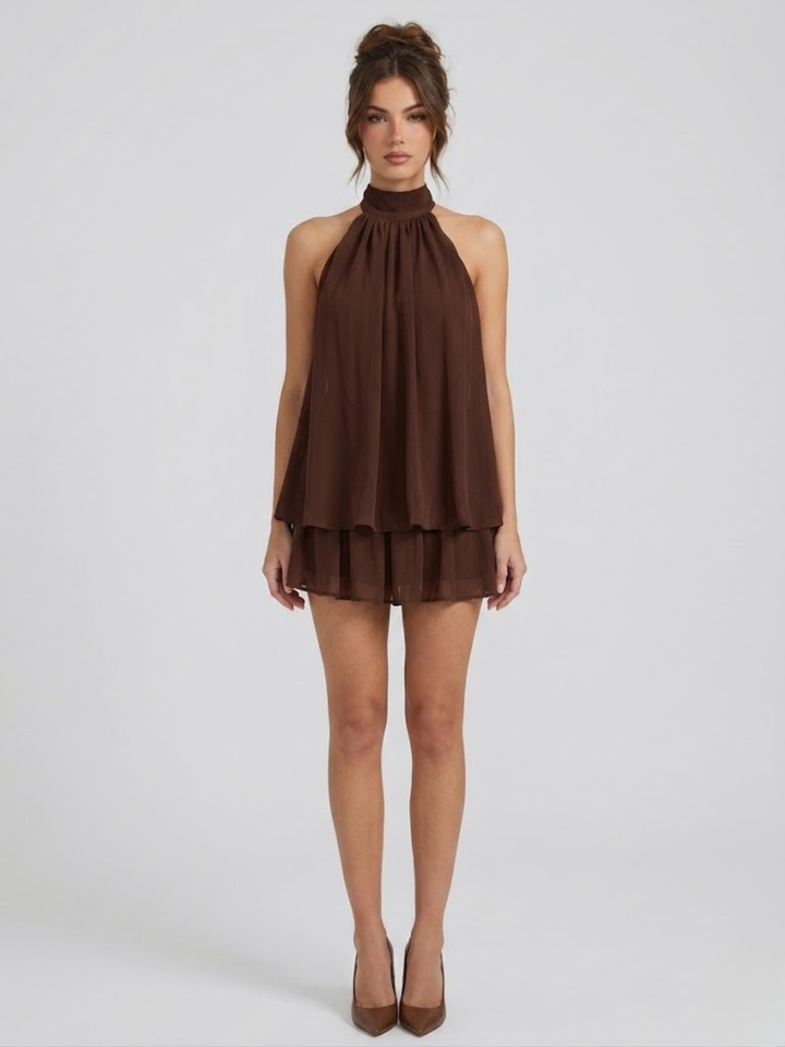 Robe courte pour femme avec col haut américain, dos nu et volants à fronces