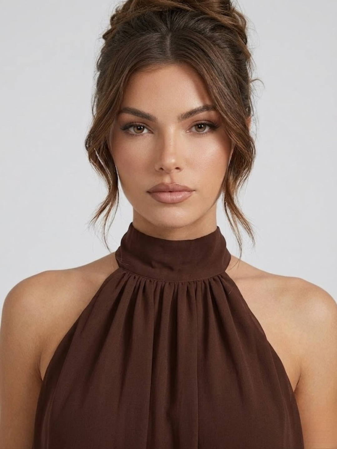 Robe courte pour femme avec col haut américain, dos nu et volants à fronces
