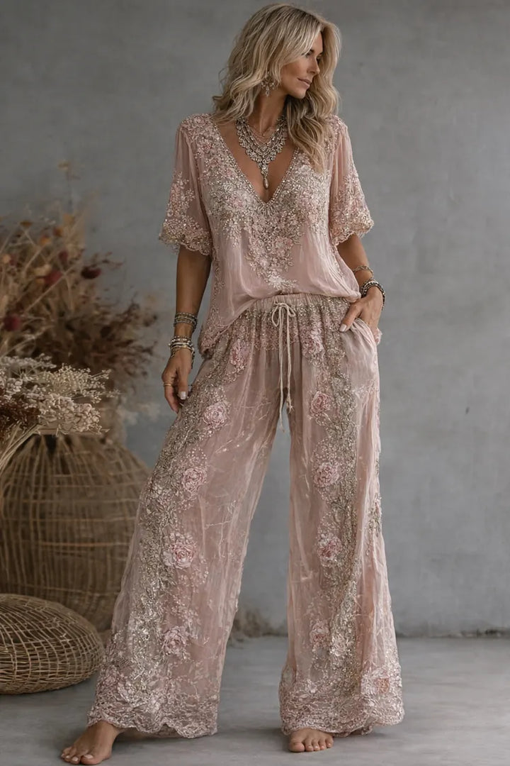 Floral Embroidered V Neck Top High Waist Wide Leg Pants Two Piece Set, Lily & Sam, image 1