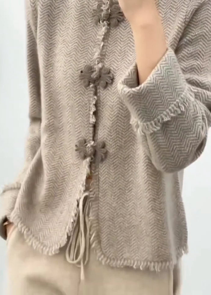 Light Camel Grey Stand Collar Button Knit Coats Long Sleeve, Lily & Sam, image 3