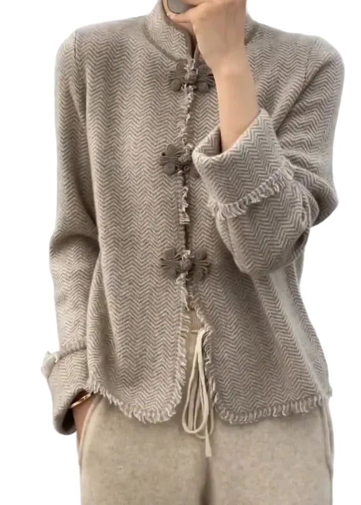 Light Camel Grey Stand Collar Button Knit Coats Long Sleeve, Lily & Sam, image 4