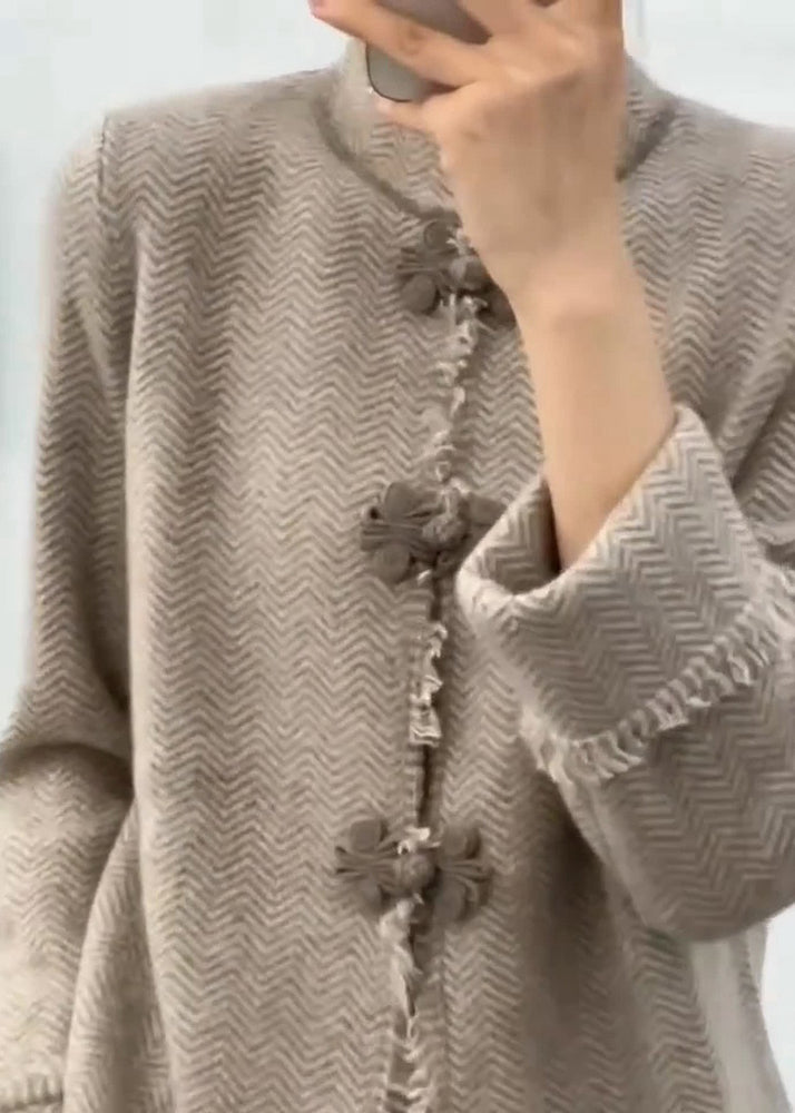 Light Camel Grey Stand Collar Button Knit Coats Long Sleeve, Lily & Sam, image 5