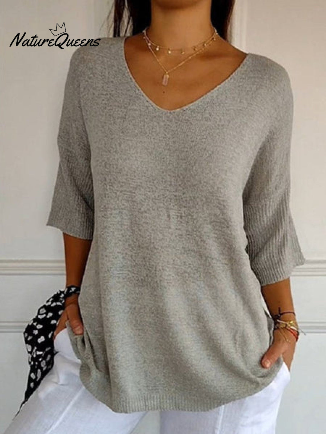 Women's Solid Color Knitted 3/4 Sleeve V neck Top, Lily & Sam, image 1