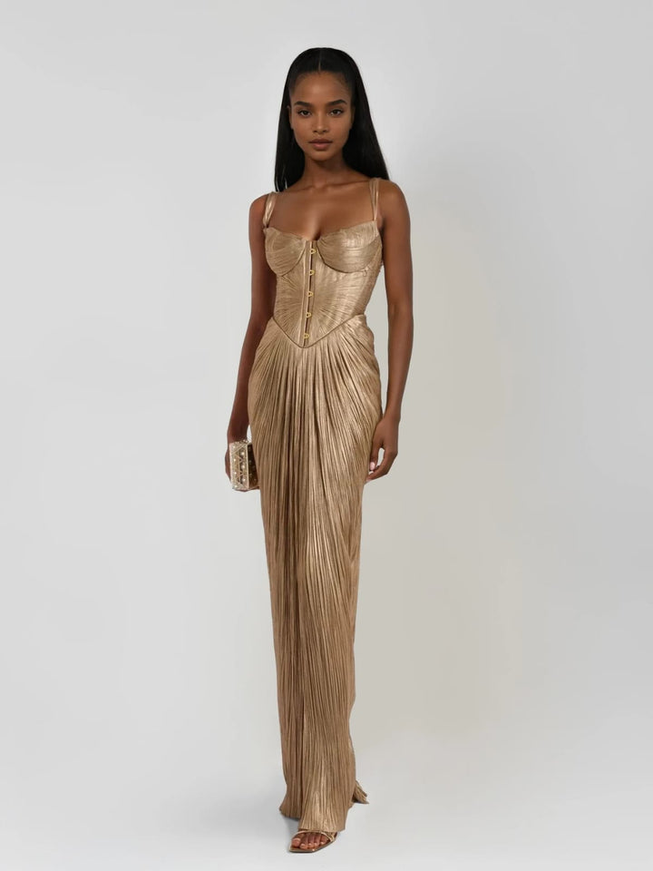Robe longue femme corset plissé bretelles fines dos lacé fente