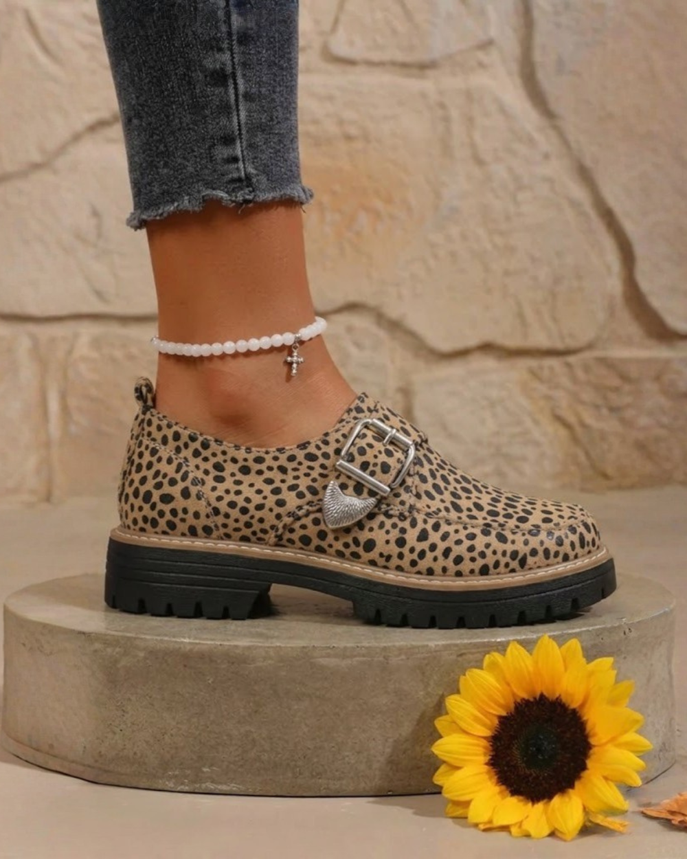 Leopard Print Buckle Strap Decor Round Toe Casual Loafers, Lily & Sam, image 2