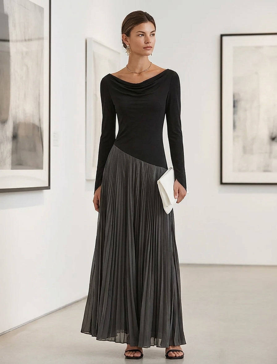 Women's Minimalist Two Tone Color Block Maxi Dress With Drape Neckline, Lily & Sam, image 3