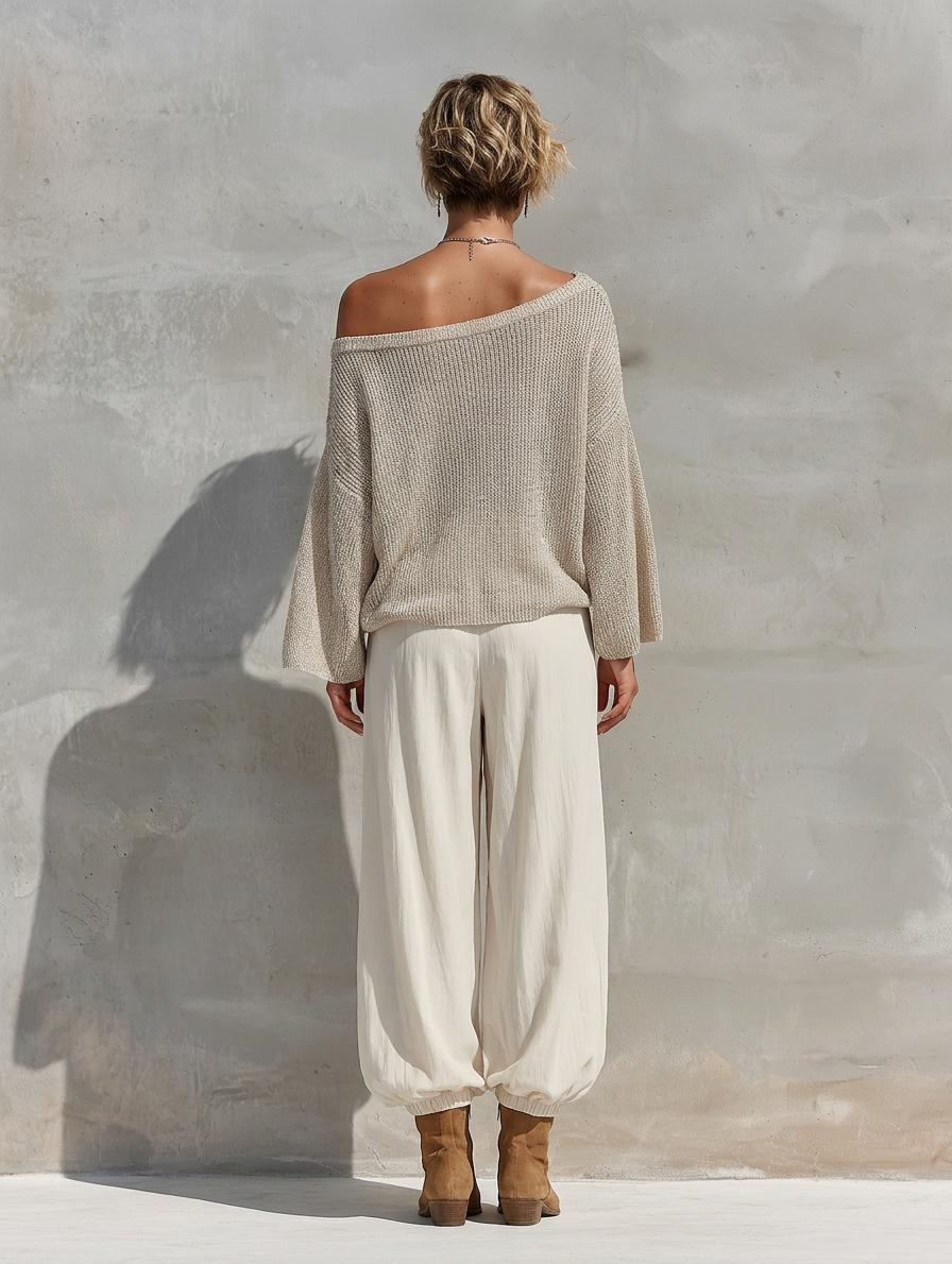 Women's Shimmer Knit Off Shoulder Batwing Sleeve Loose Top White Elastic Cuff Wide Leg Jogger Pants Two Piece Set, Lily & Sam, image 3
