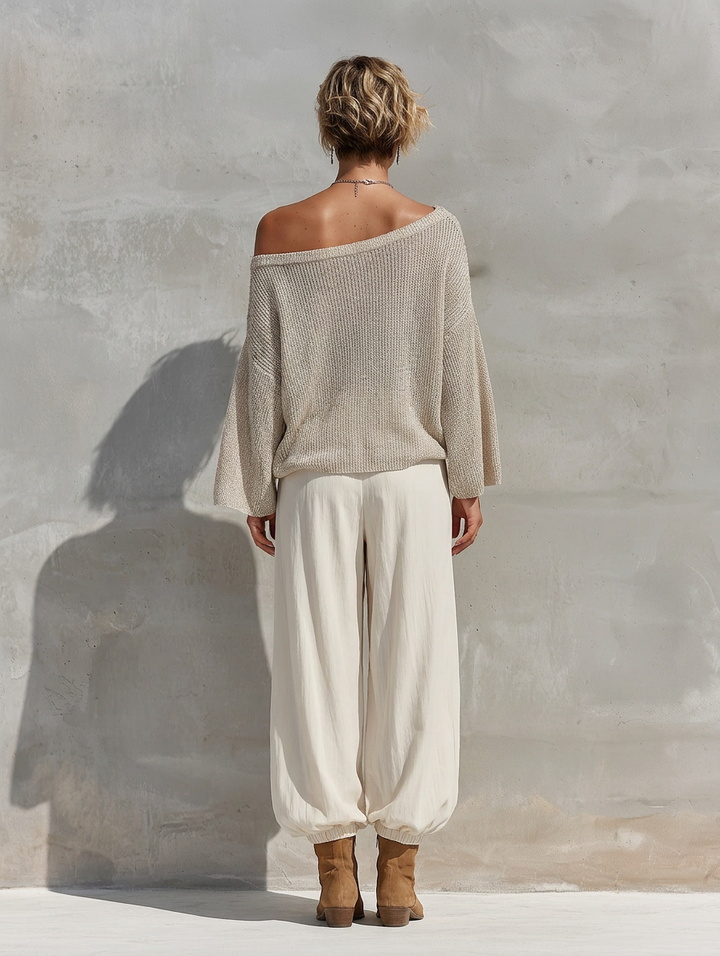 Women's Shimmer Knit Off Shoulder Batwing Sleeve Loose Top White Elastic Cuff Wide Leg Jogger Pants Two Piece Set, Lily & Sam, image 3