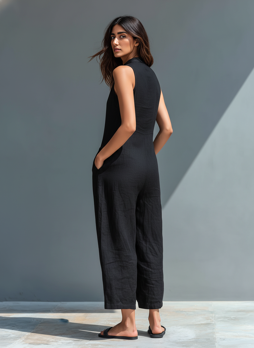 Sleeveless Minimalist Jumpsuit for Women with High Collar and Buttons, Lily & Sam, image 2