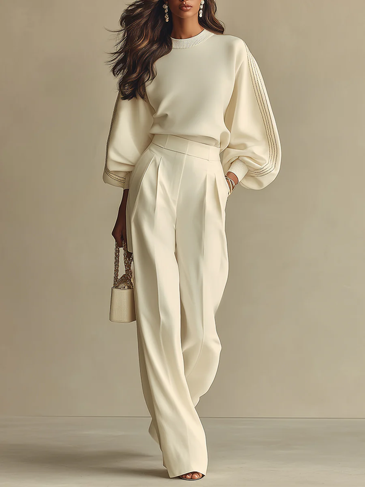 Sophie Ribbed Crew Neck Top and High waisted Wide leg Pants Suit, Lily & Sam, image 1