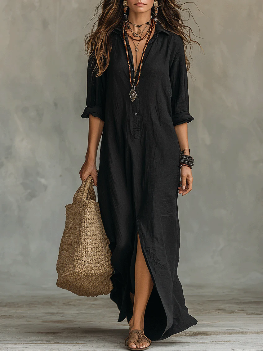 Oversized Black Maxi Dress with Buttons, Lily & Sam, image 1