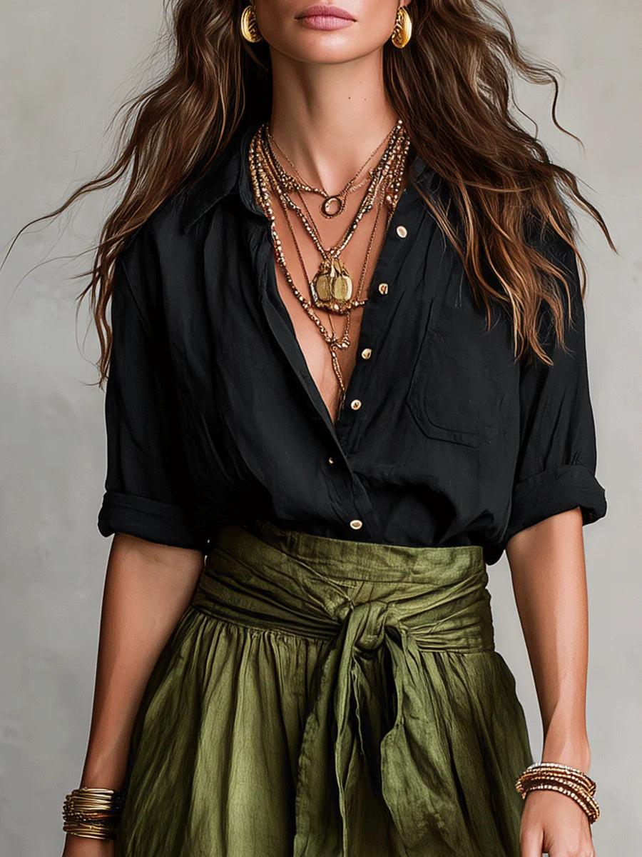 Two Piece Set: Black Top and Olive Green Midi Skirt, Lily & Sam, image 4