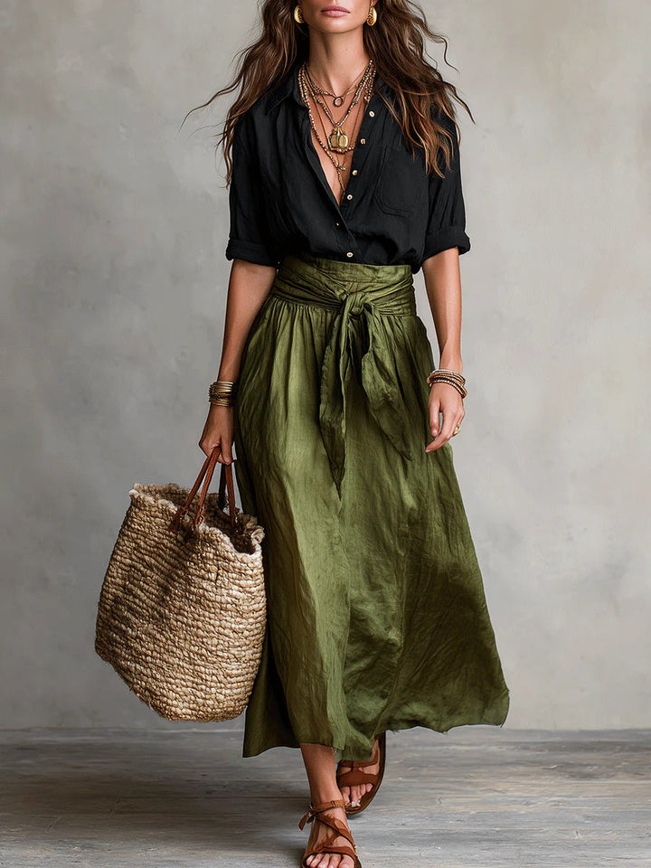 Two Piece Set: Black Top and Olive Green Midi Skirt, Lily & Sam, image 1
