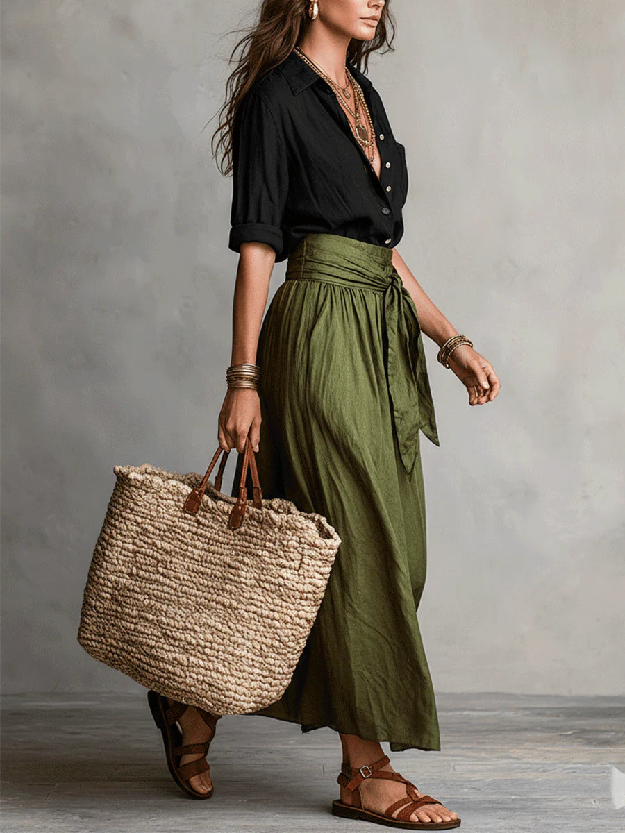 Two Piece Set: Black Top and Olive Green Midi Skirt, Lily & Sam, image 2