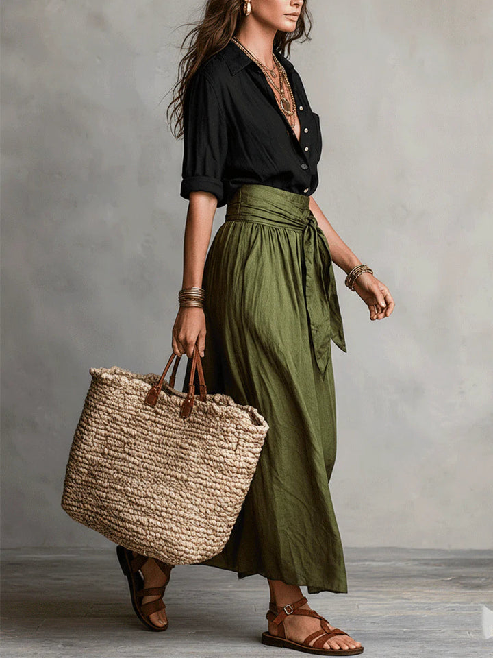 Two Piece Set: Black Top and Olive Green Midi Skirt, Lily & Sam, image 2