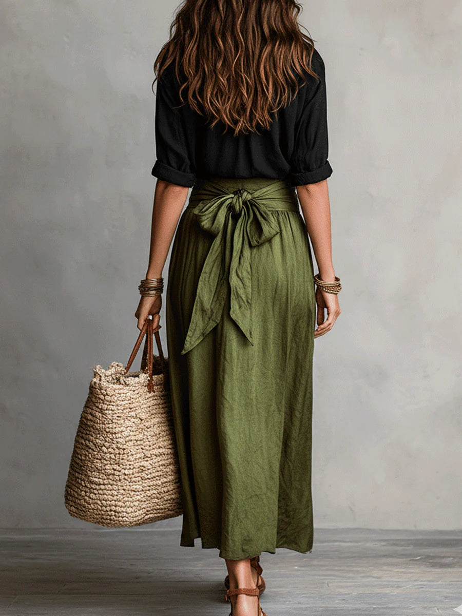 Two Piece Set: Black Top and Olive Green Midi Skirt, Lily & Sam, image 3
