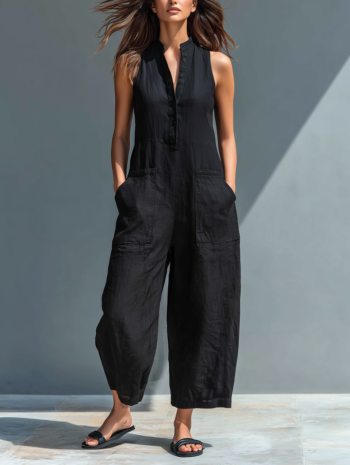 Sleeveless Minimalist Jumpsuit for Women with High Collar and Buttons, Lily & Sam, image 1