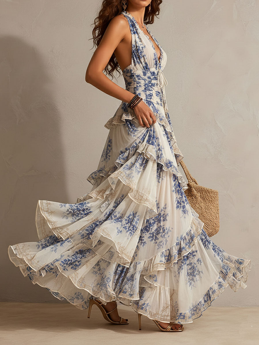 Romantic Vacation Blue And White Floral Print Halter Neck Ruffled Maxi Dress, Lily & Sam, image 5