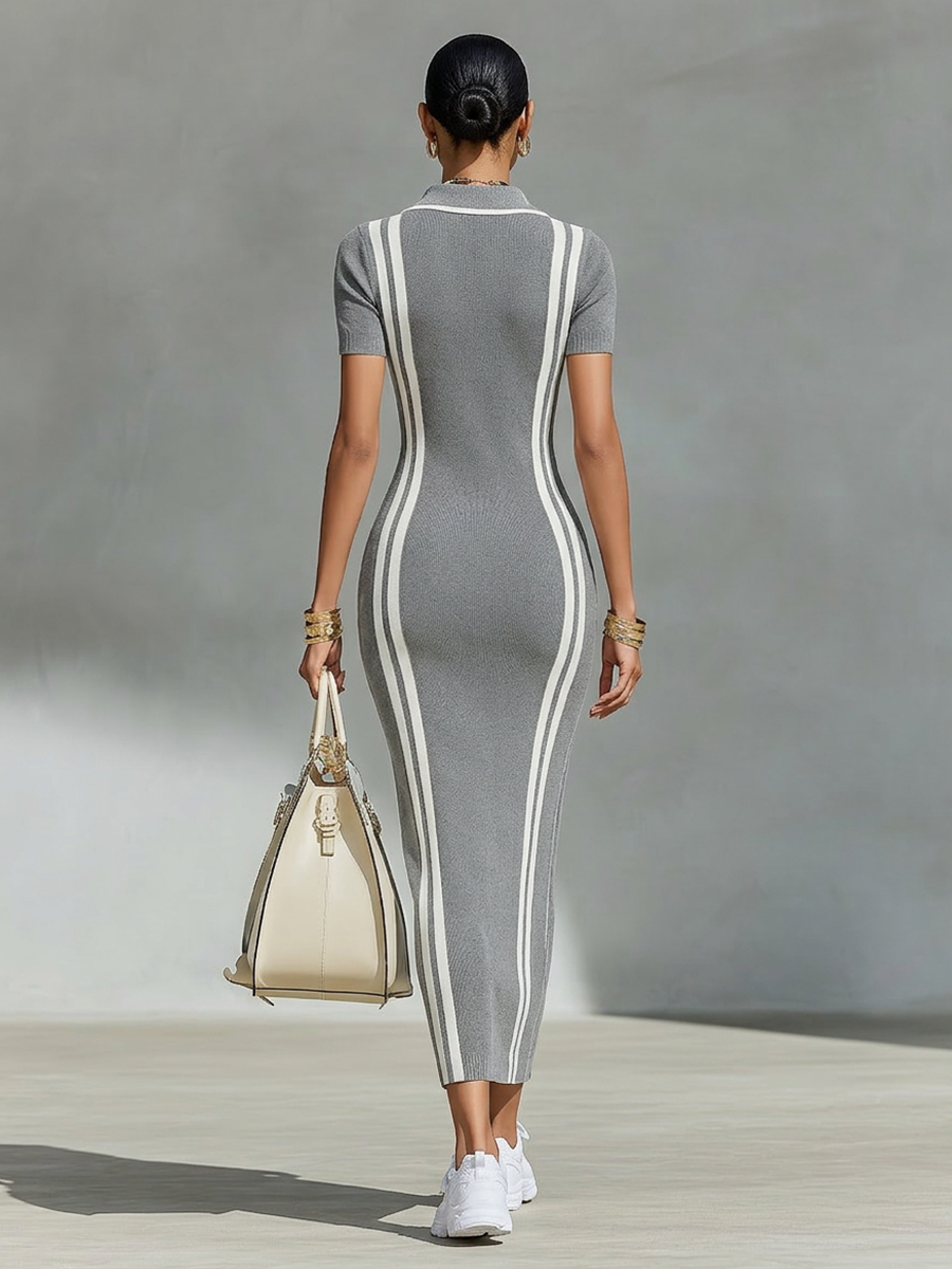 Women's Grey Stretchy Knit Zip Polo Collar & Vertical Side Stripes Maxi Dress, Lily & Sam, image 7