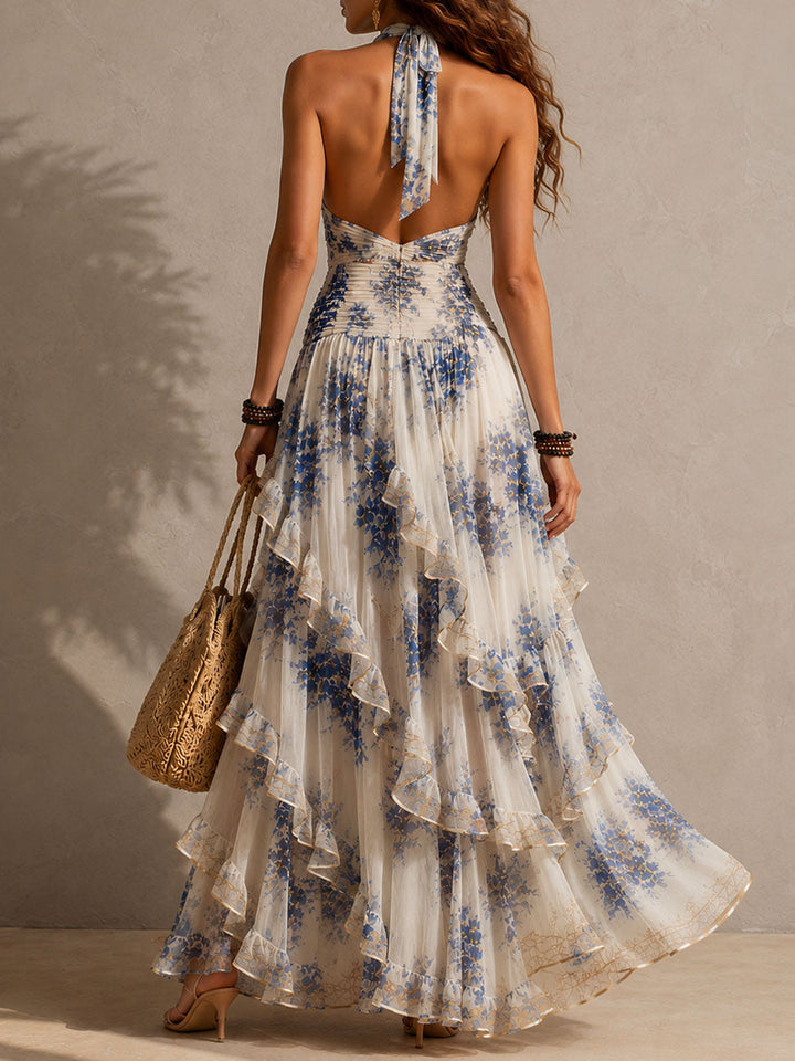 Romantic Vacation Blue And White Floral Print Halter Neck Ruffled Maxi Dress, Lily & Sam, image 6
