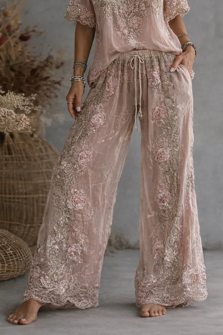 Floral Embroidered V Neck Top High Waist Wide Leg Pants Two Piece Set, Lily & Sam, image 3
