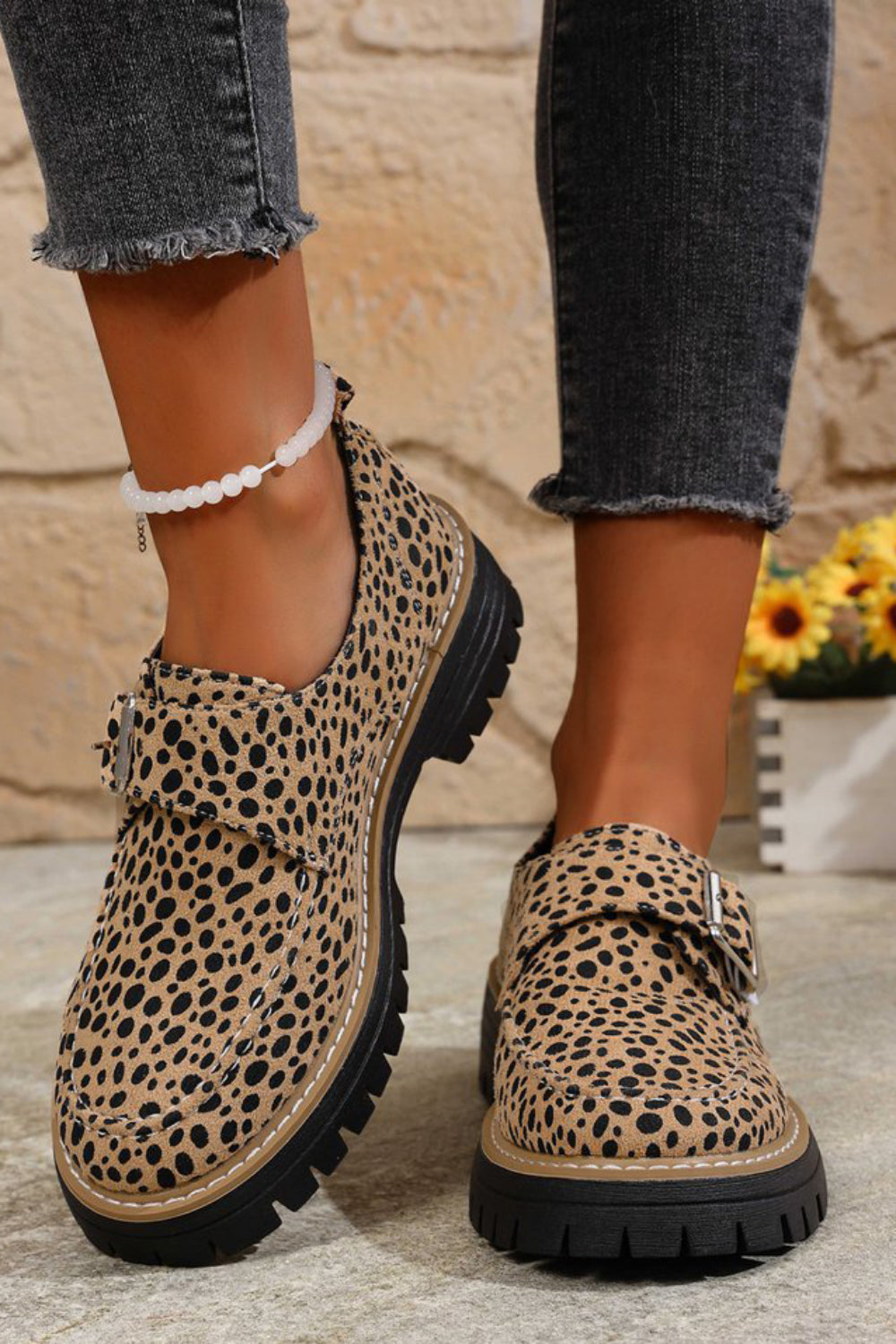 Leopard Print Buckle Strap Decor Round Toe Casual Loafers, Lily & Sam, image 1