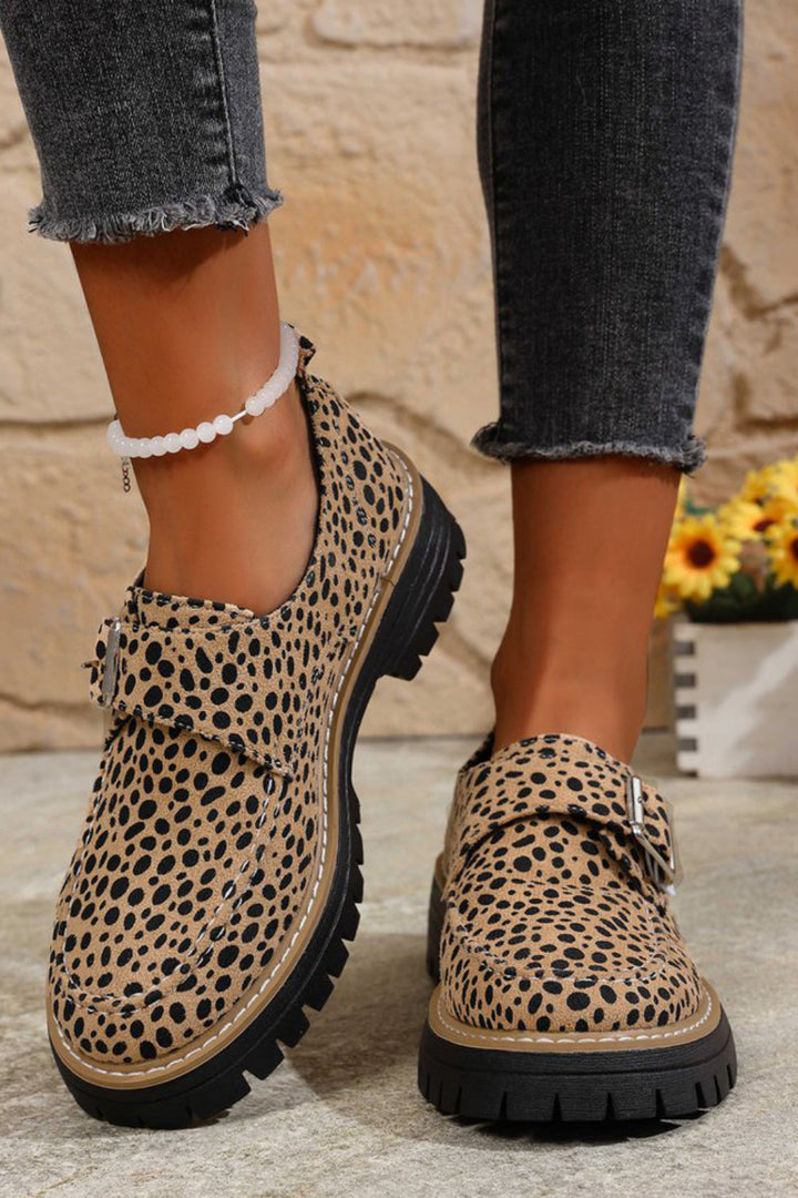 Leopard Print Buckle Strap Decor Round Toe Casual Loafers, Lily & Sam, image 1