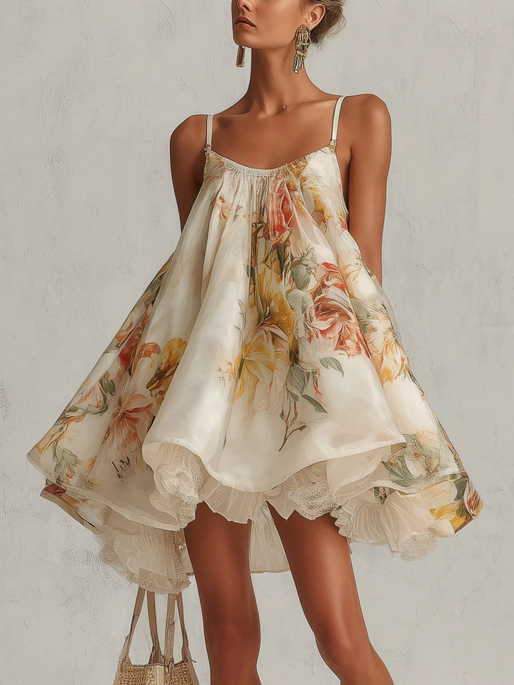 Beige floral organza A line mini dress with lace trim, Lily & Sam, image 2