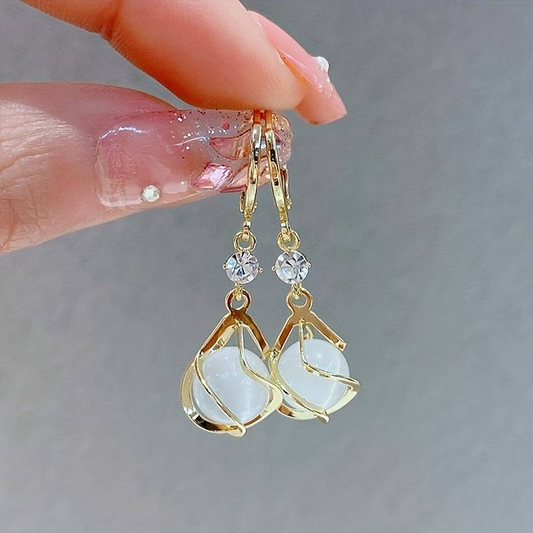 Gold Wire Wrapped White Opal Drop Earrings